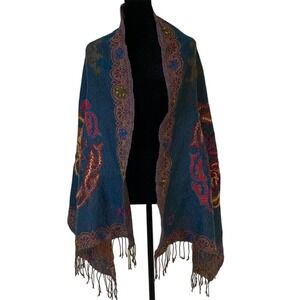 Lucky Brand Womens Colorful Paisley Fringe Shawl Scarf 24x65‎ Boho Embroidery